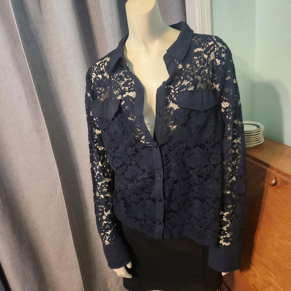Sheer Floral Lace Mesh Long Sleeve Blouse Romantic Dark Fairy‎ XL Blue Camisole